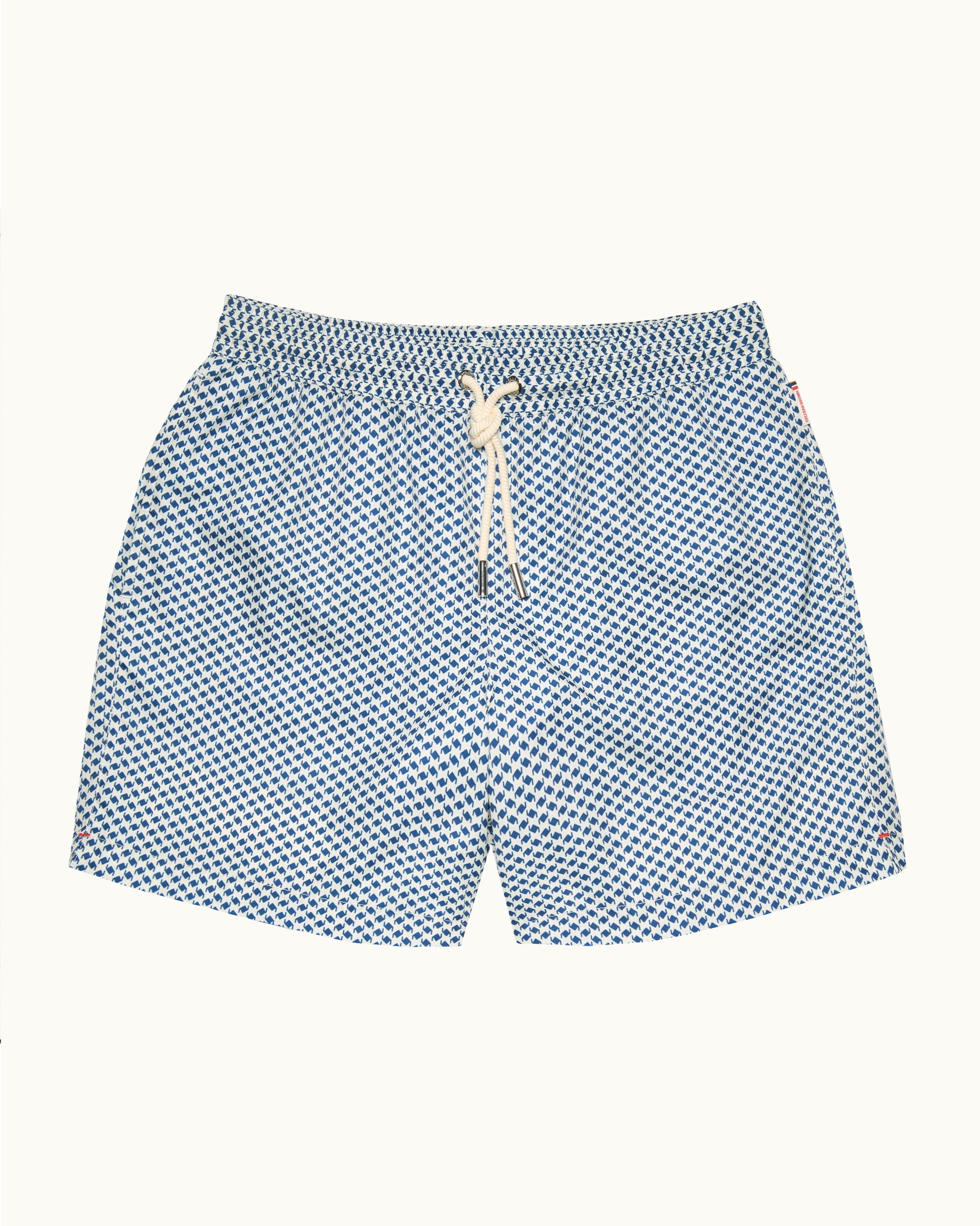 Blue checkered swim shorts with a drawstring on a white background