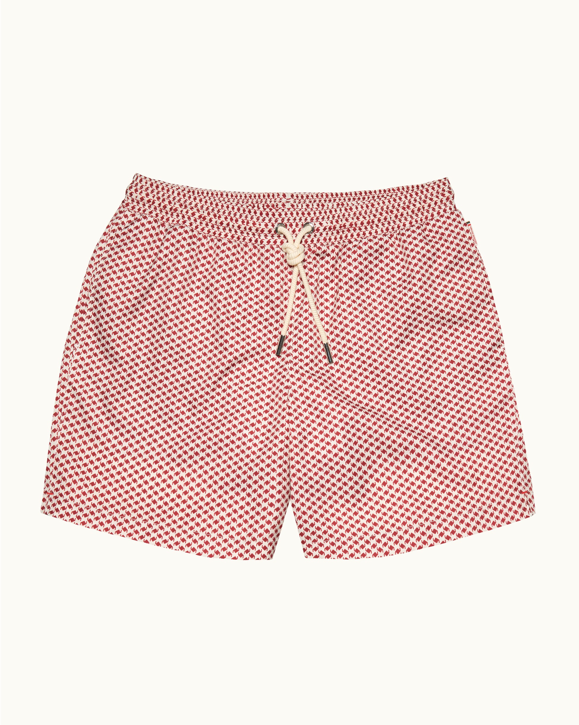 Red checkered shorts with a drawstring on a white background