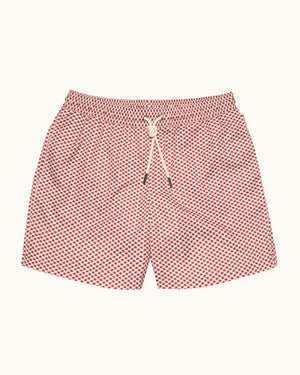 Red checkered shorts with a drawstring on a white background