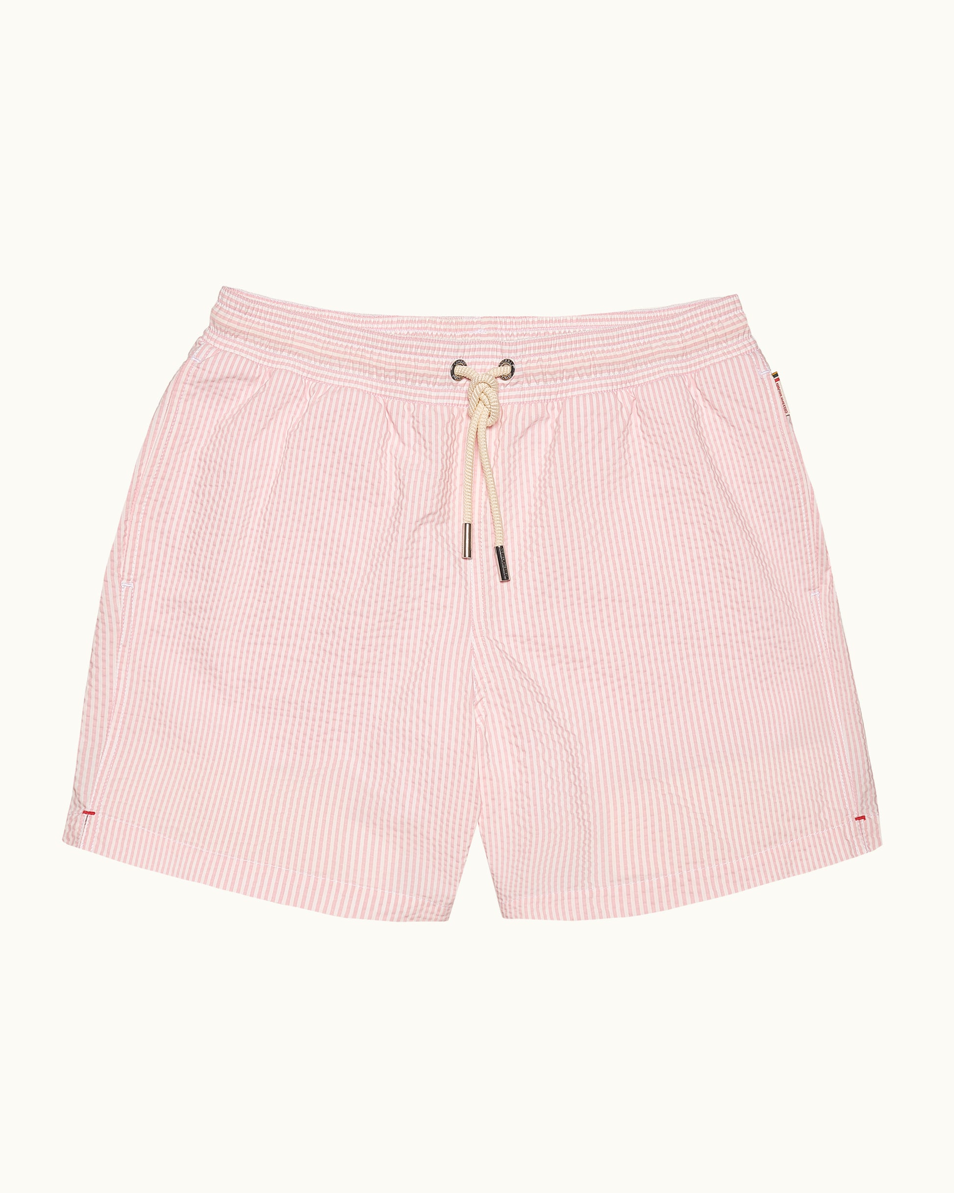 Pink striped shorts with a drawstring on a white background