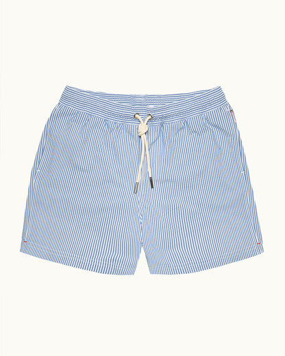 Blue and white striped shorts with a drawstring on a light gray background