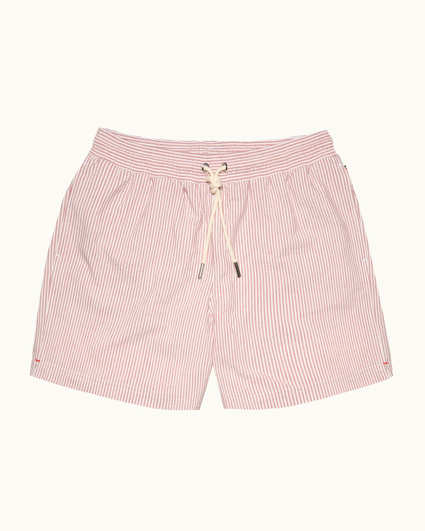 Red and white seersucker stripe swim short with drawstring waist