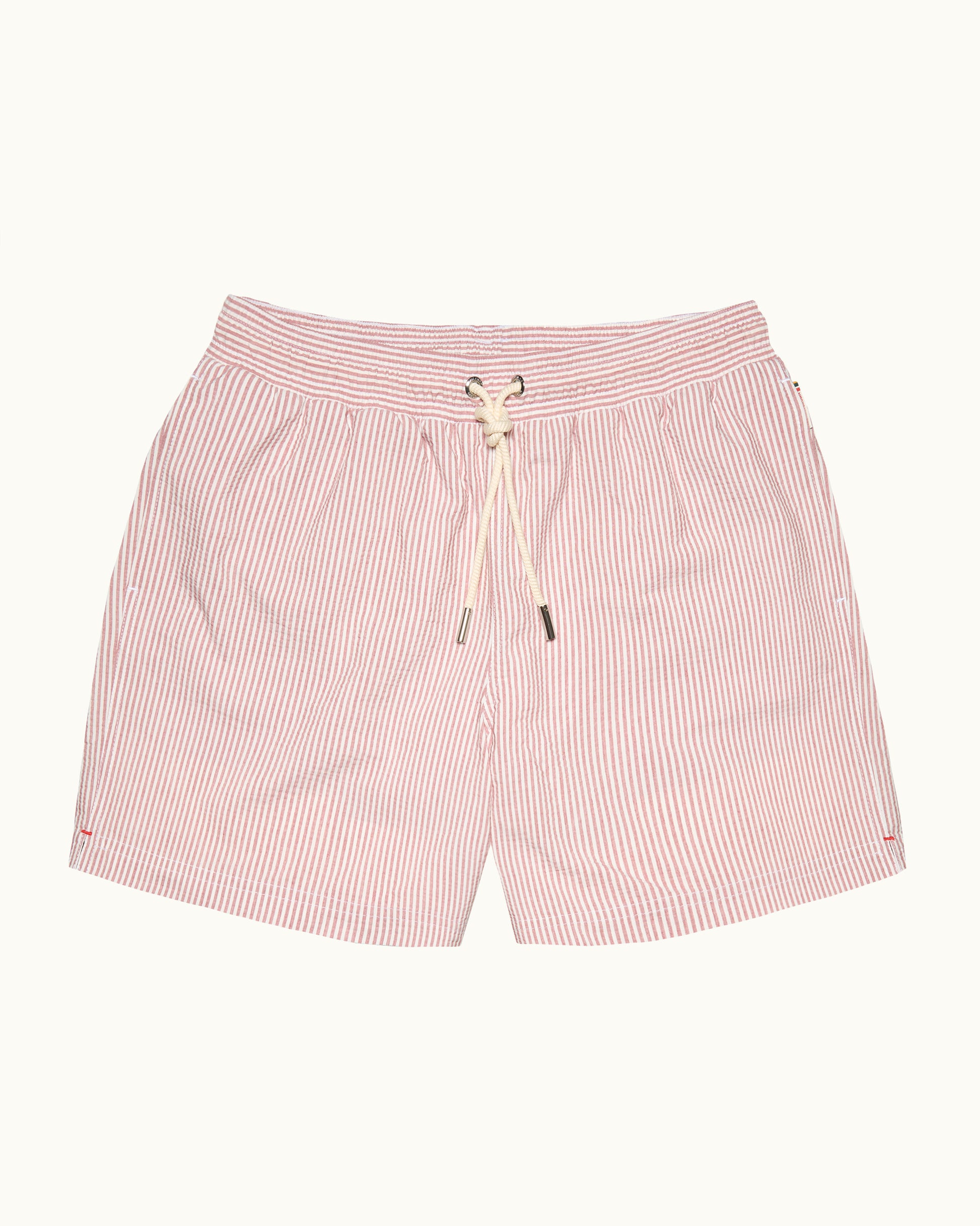 Red and white seersucker stripe swim short with drawstring waist