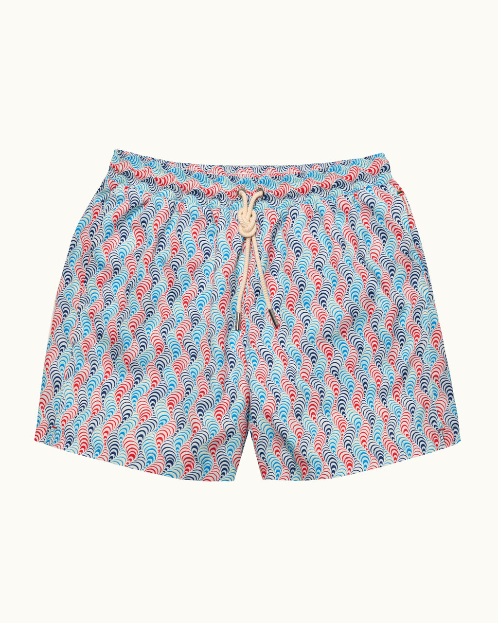 Multi-colour patterned drawcord swim shorts on a plain background