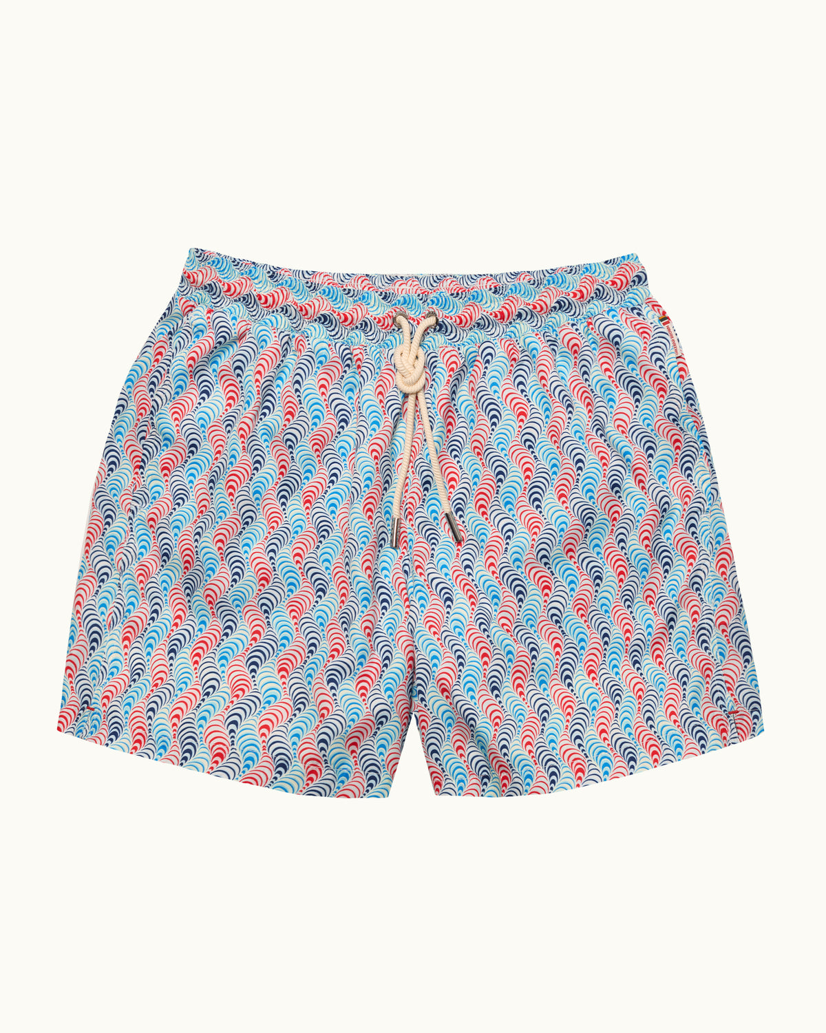 Multi-colour patterned drawcord swim shorts on a plain background