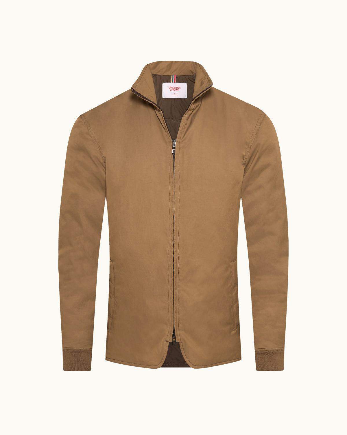 Bronze coloured padded zip-up jacket with cuffs on a plain background