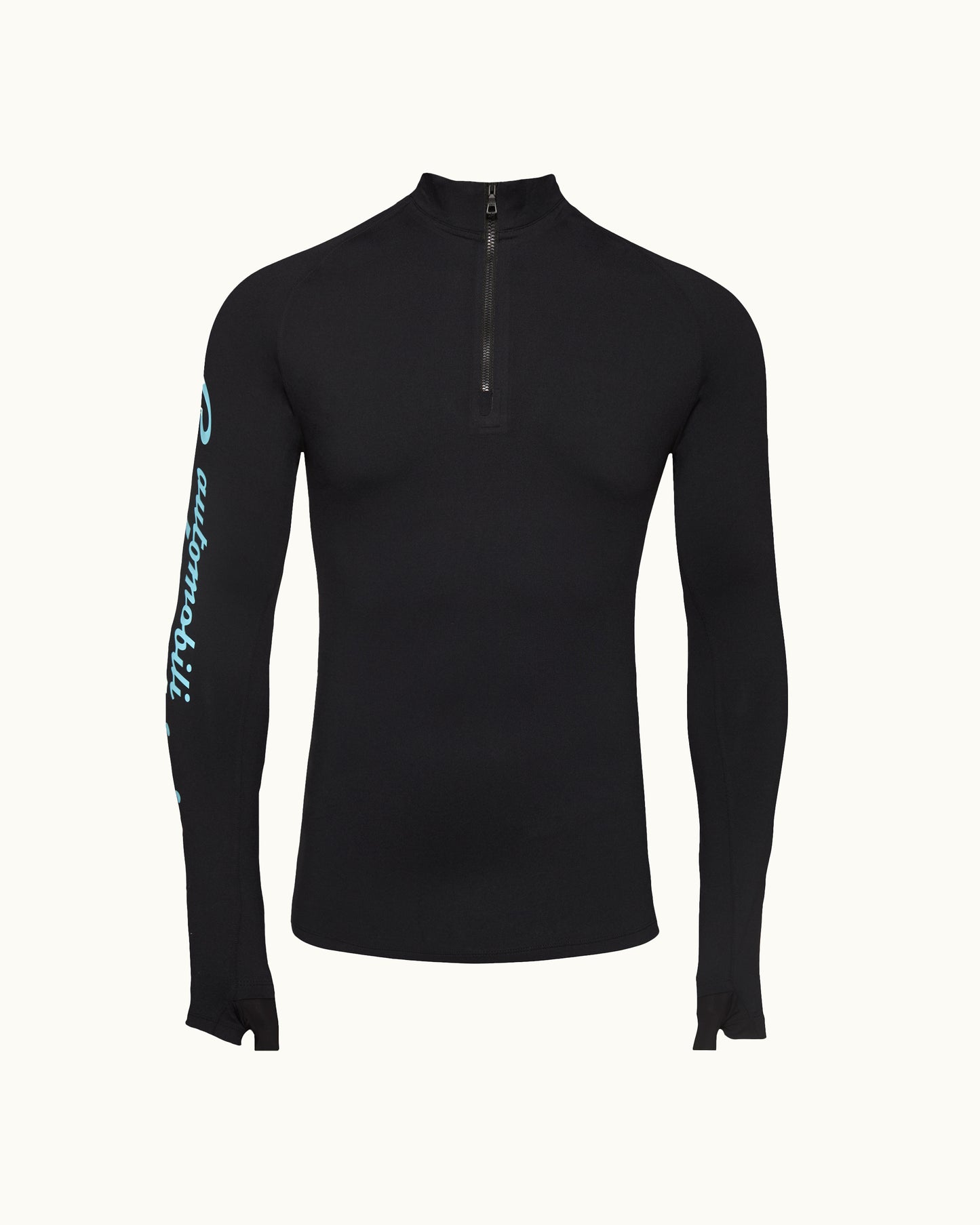 Black long-sleeve shirt with a zipper on a white background