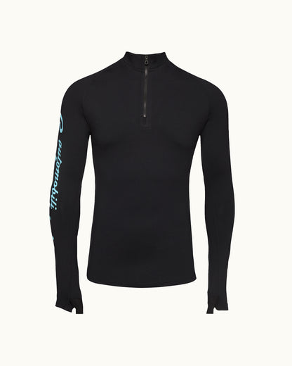 Black long-sleeve shirt with a zipper on a white background