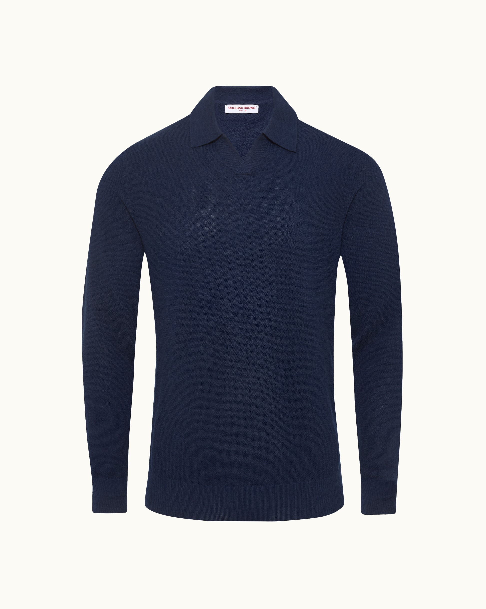 Navy long-sleeve polo shirt on a white background