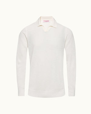 A long-sleeve knit polo sweater in off-white, displayed on a clean, solid, very light cream background.