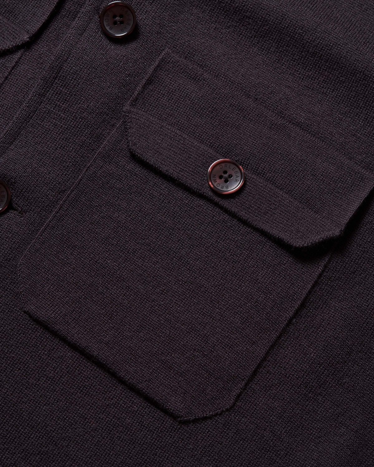 Close-up of a dark charcoal knit button-up shirt showing a chest pocket with a buttoned flap.