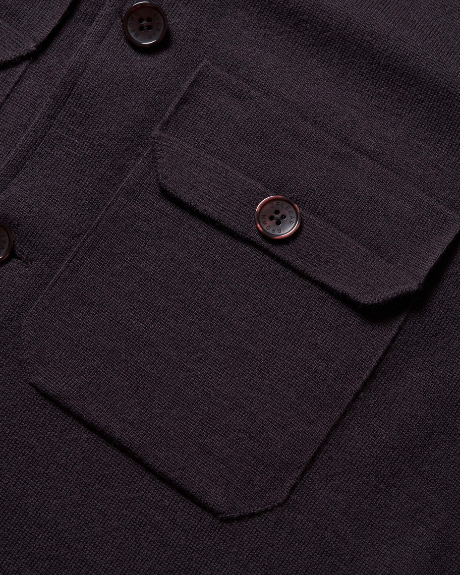 Close-up of a dark charcoal knit fabric pocket with a buttoned flap and matching dark buttons.