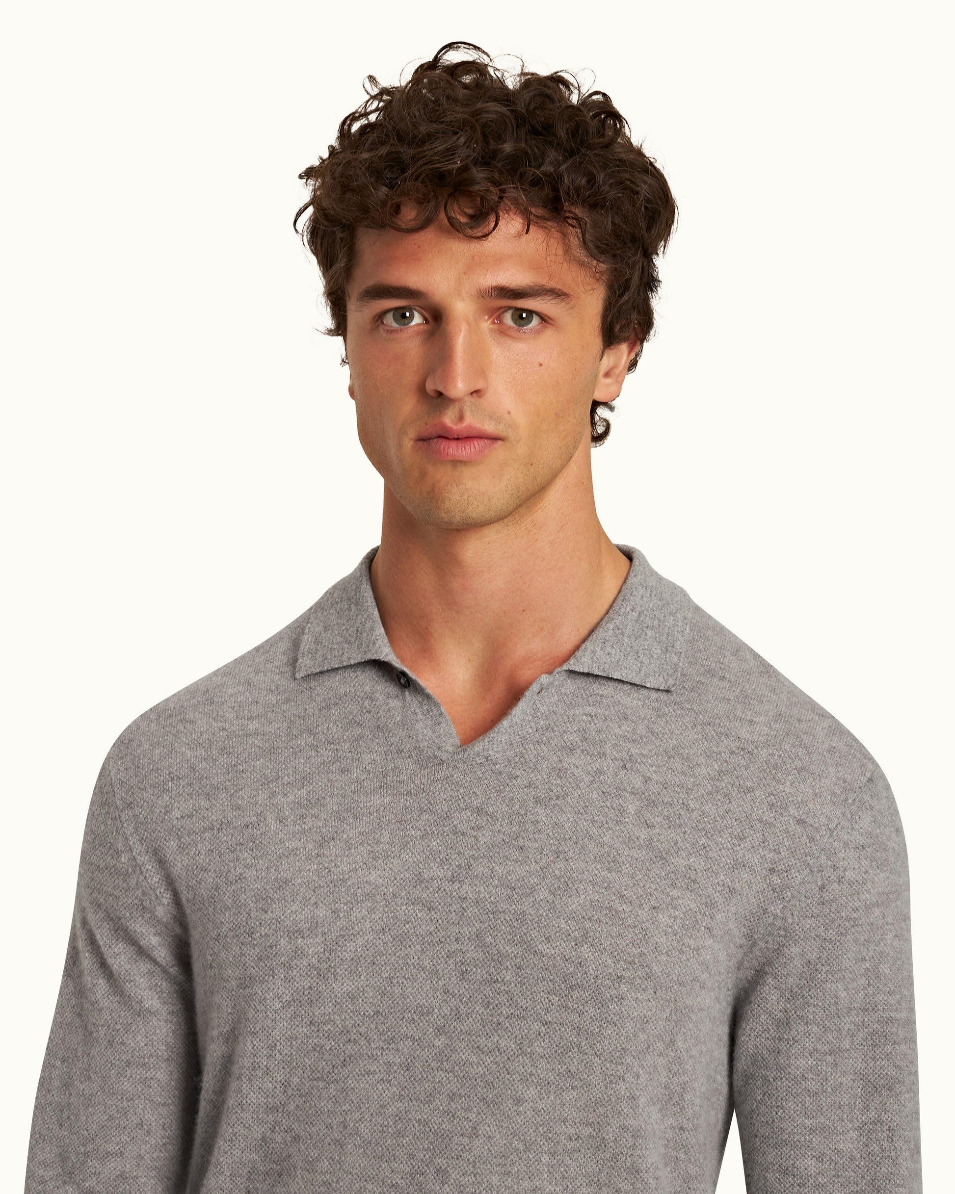 Bruno Cashmere - Mens Cinder Waffle Stitch Cashmere Polo Shirt Detail View