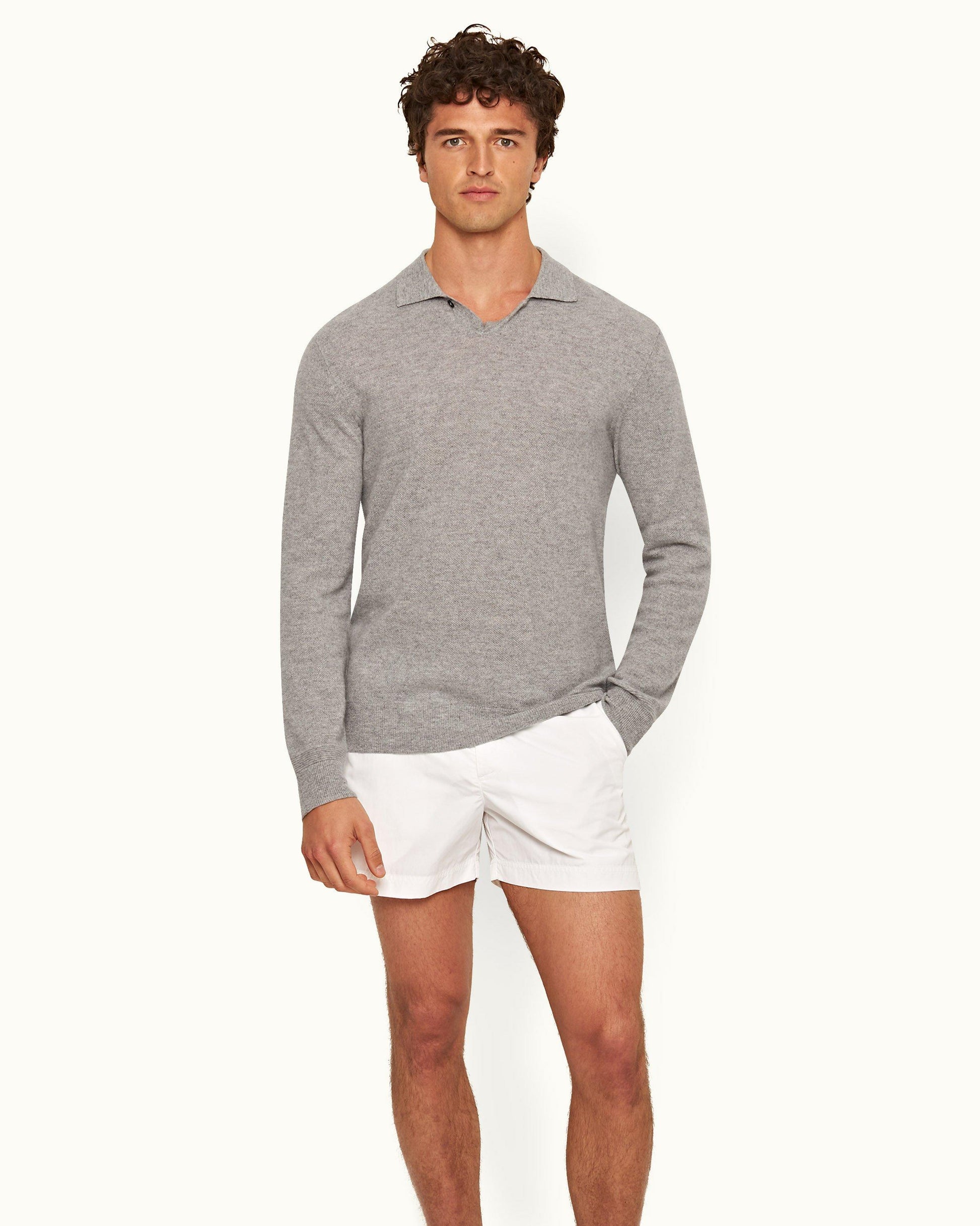 Bruno Cashmere - Mens Cinder Waffle Stitch Cashmere Polo Shirt Front Model View