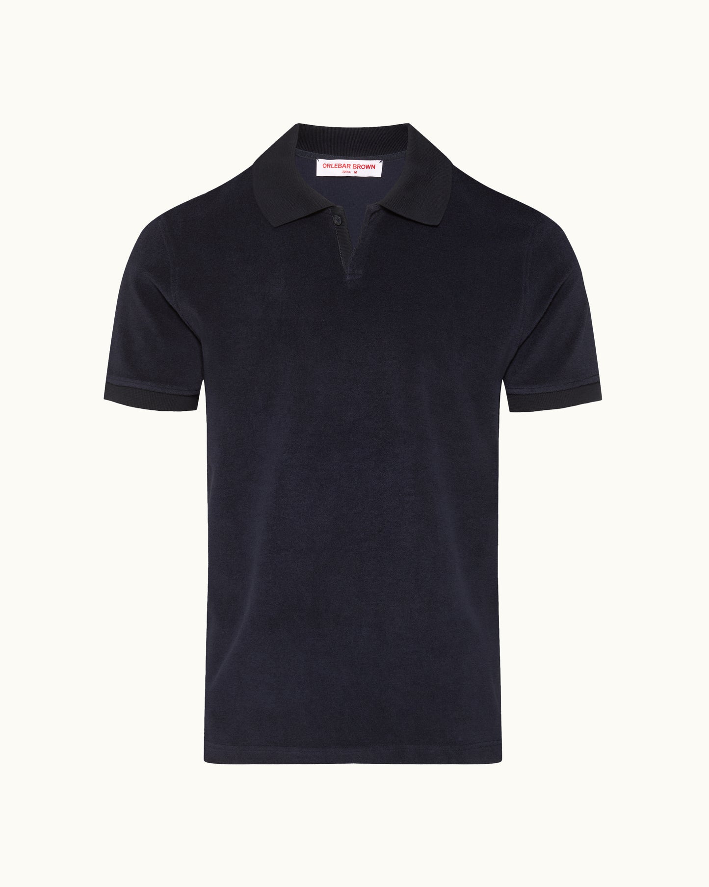 Navy blue polo shirt with a brand label on a white background
