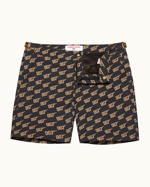 Bulldog - Mid-Length Jacquard Gold Monogram '007' Swim Shorts in Black/Gold Front