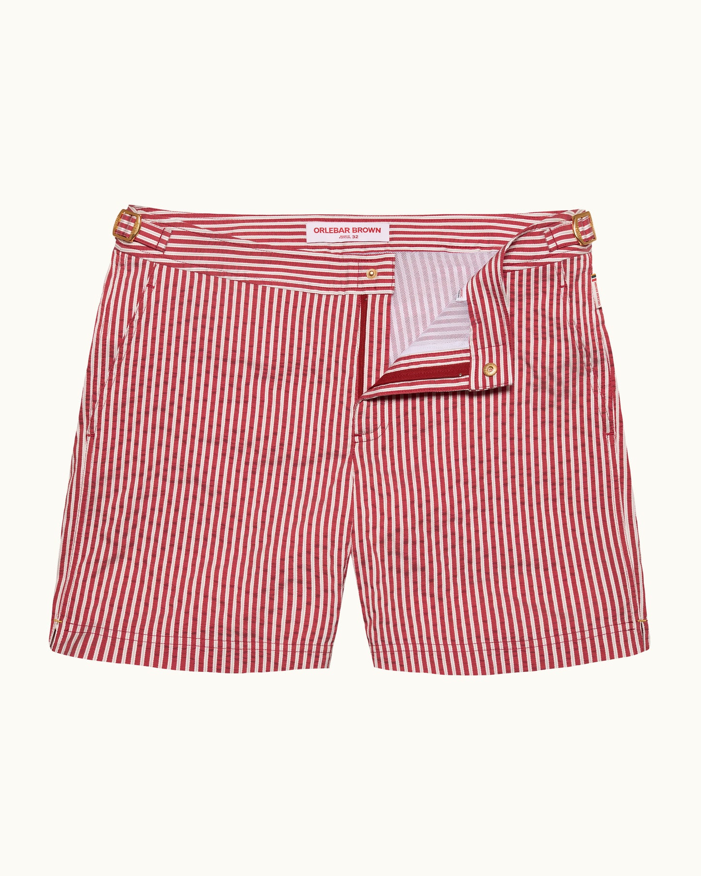 Red and white striped shorts on a white background