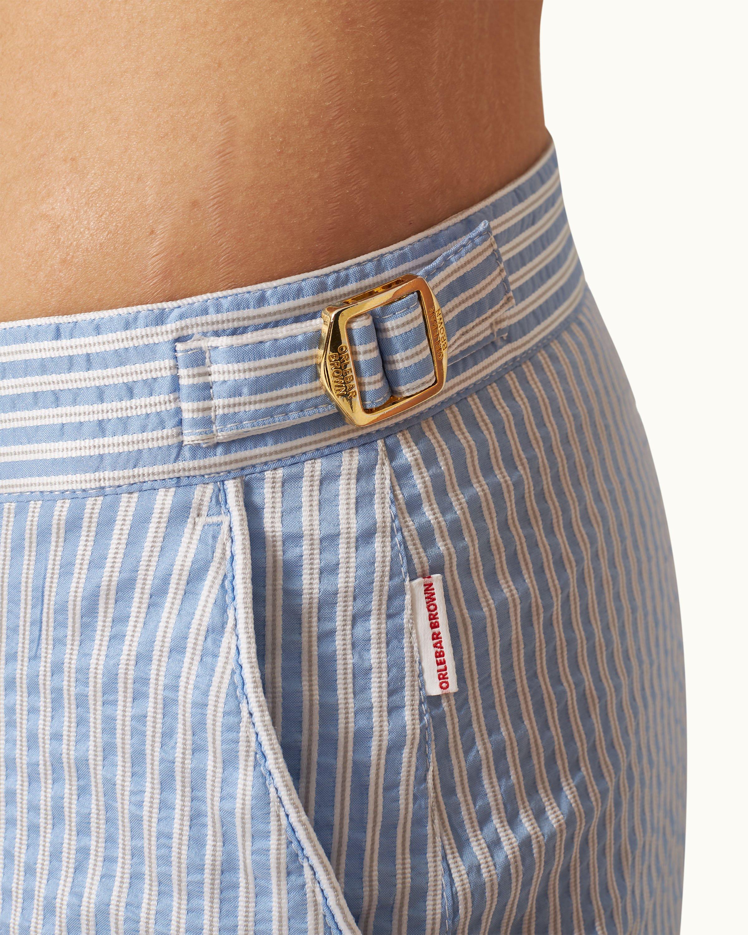 Bulldog - Mens Mid-Length Textured Stripe Swim Shorts In White/Light Island Sky Detail 1 View