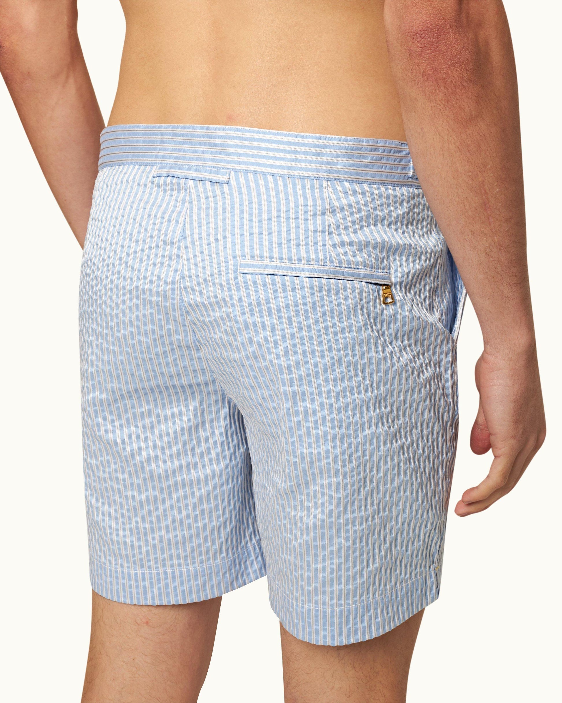 Bulldog - Mens Mid-Length Textured Stripe Swim Shorts In White/Light Island Sky Detail 2 View