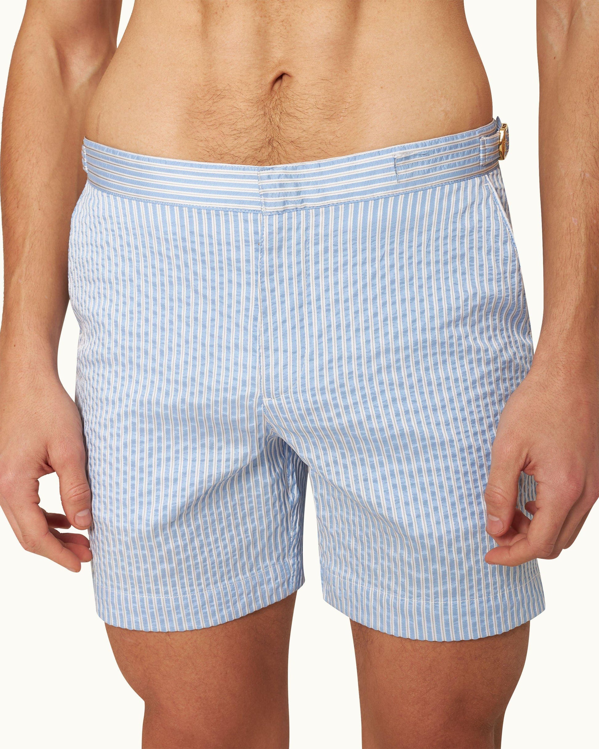 Bulldog - Mens Mid-Length Textured Stripe Swim Shorts In White/Light Island Sky Detail View