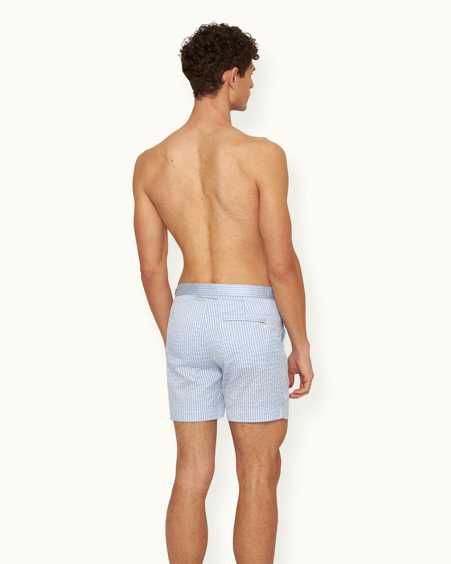 Bulldog - Mens Mid-Length Textured Stripe Swim Shorts In White/Light Island Sky Back Model View