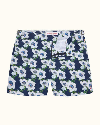 Bulldog - Mid-Length Coronaria Print Swim Shorts in Night Iris Front View