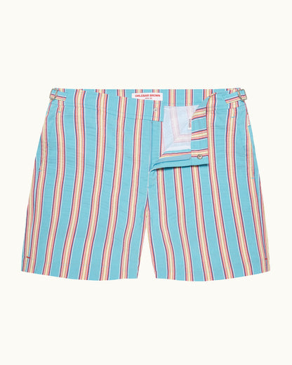 Bulldog - Mid-Length Deckchair Stripe Swim Shorts in Blue Multicolour Front View