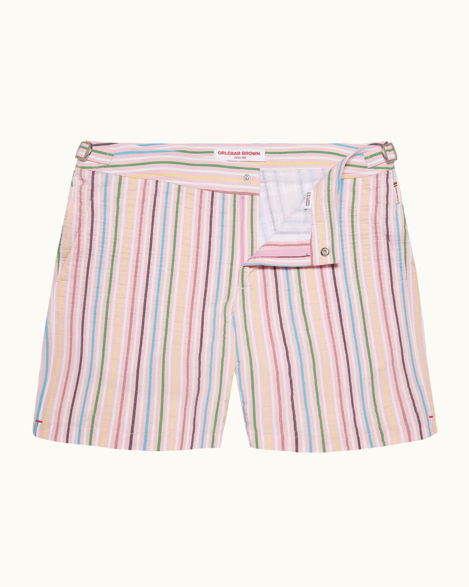 Bulldog - Mid-Length Deckchair Stripe Swim Shorts in Pink Multicolour Front View