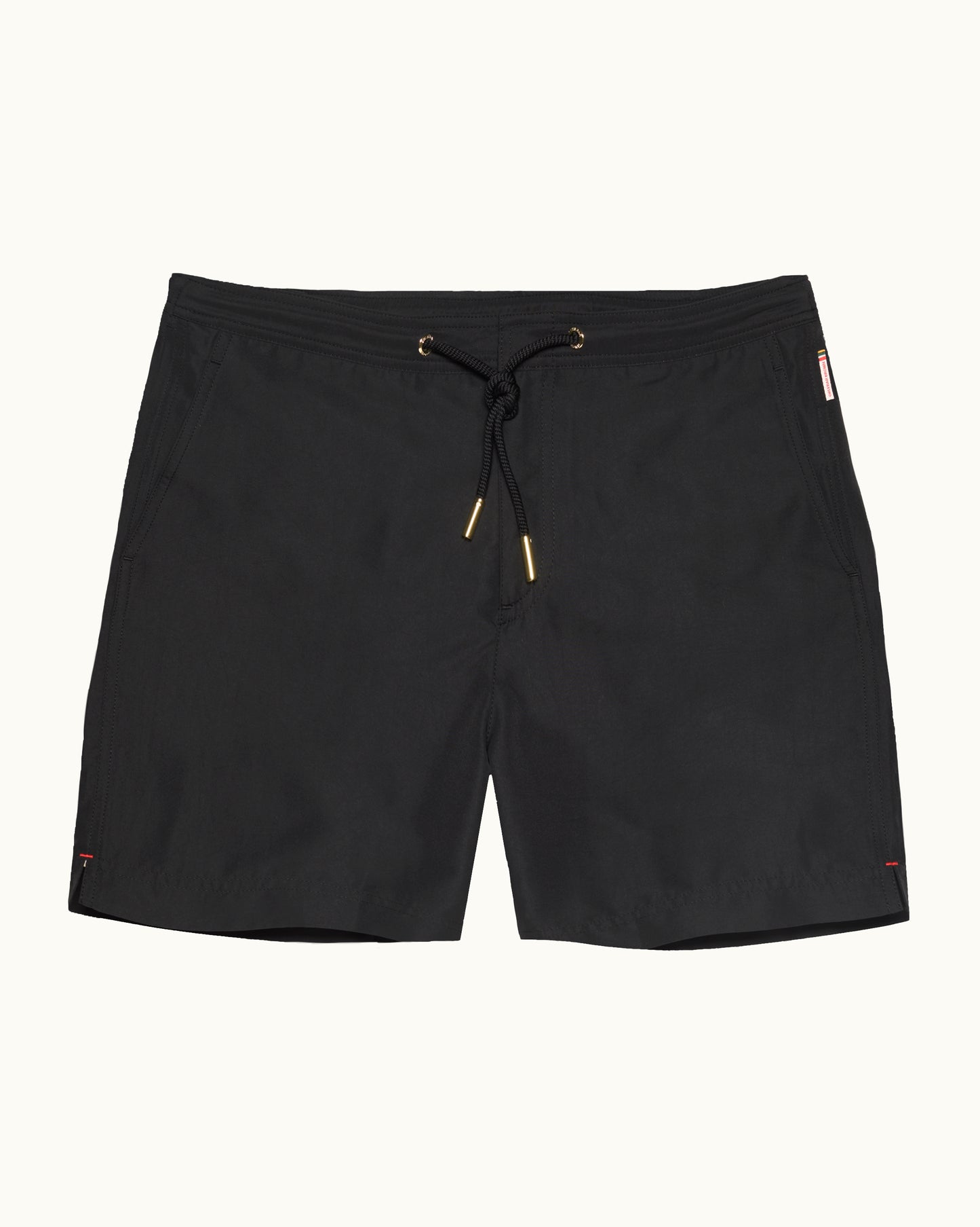 Black shorts with drawstring on a white background