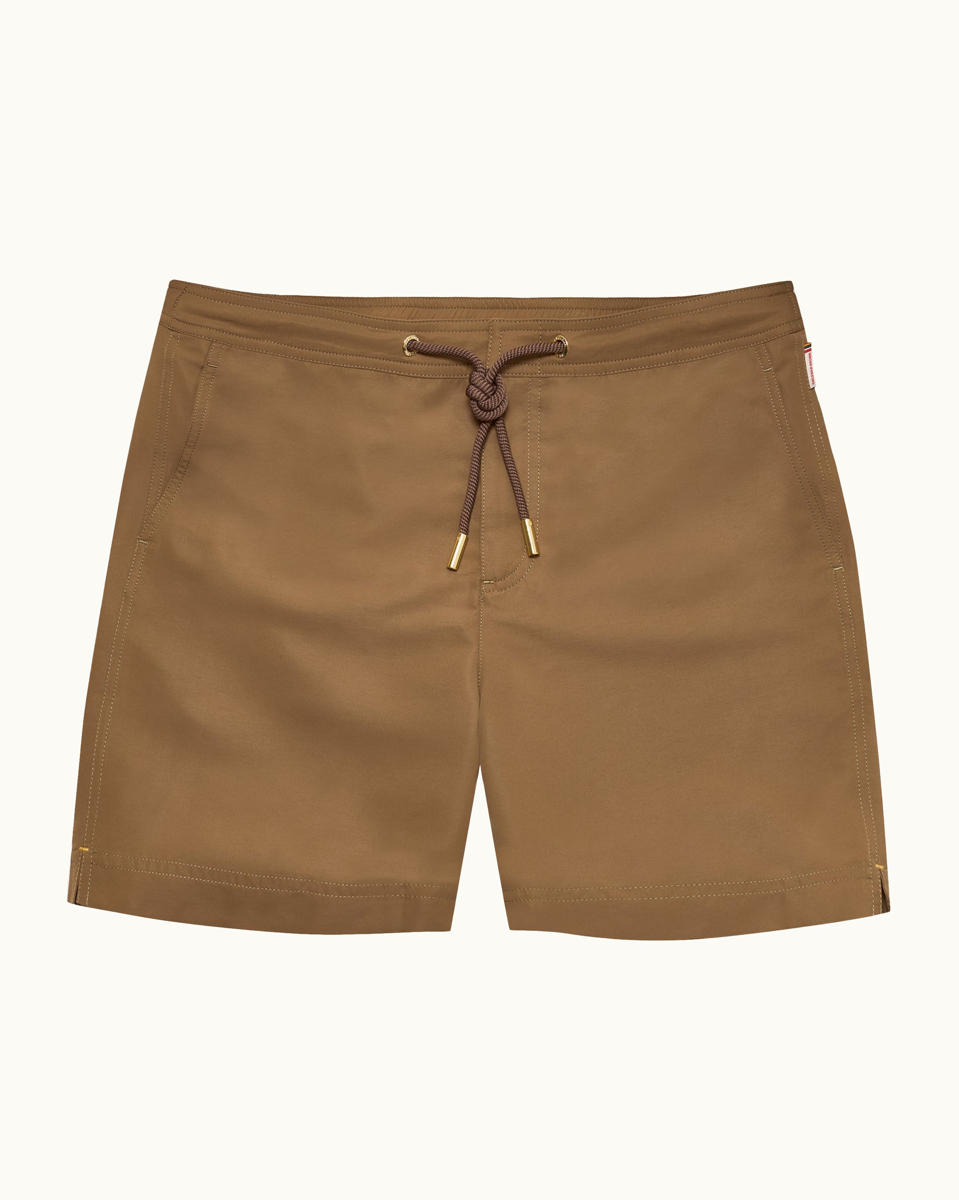 Brown shorts with a drawstring on a white background