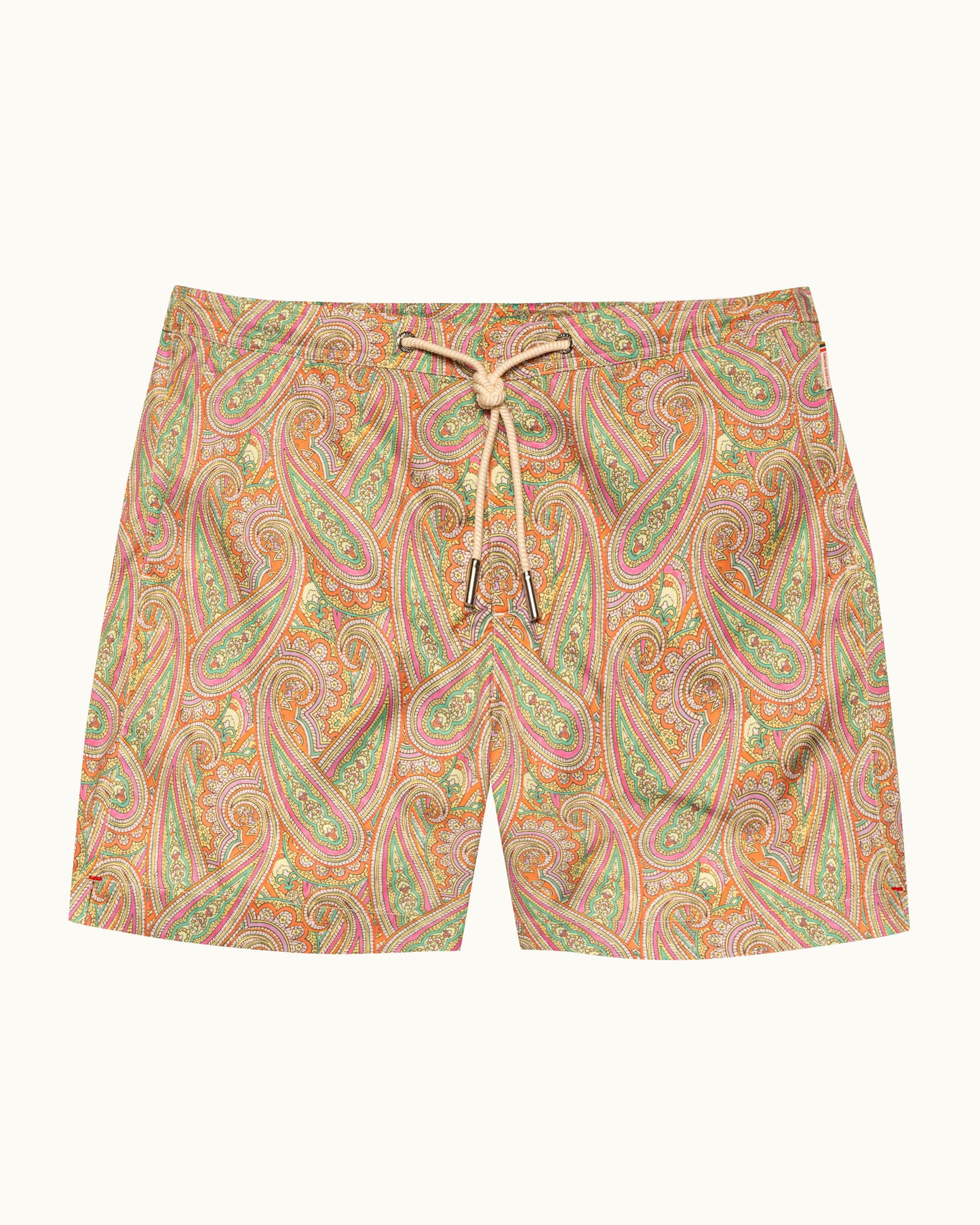Paisley patterned shorts on a white background