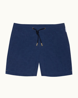 Navy blue shorts with a drawstring on a white background