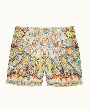 Colorful patterned shorts on a white background