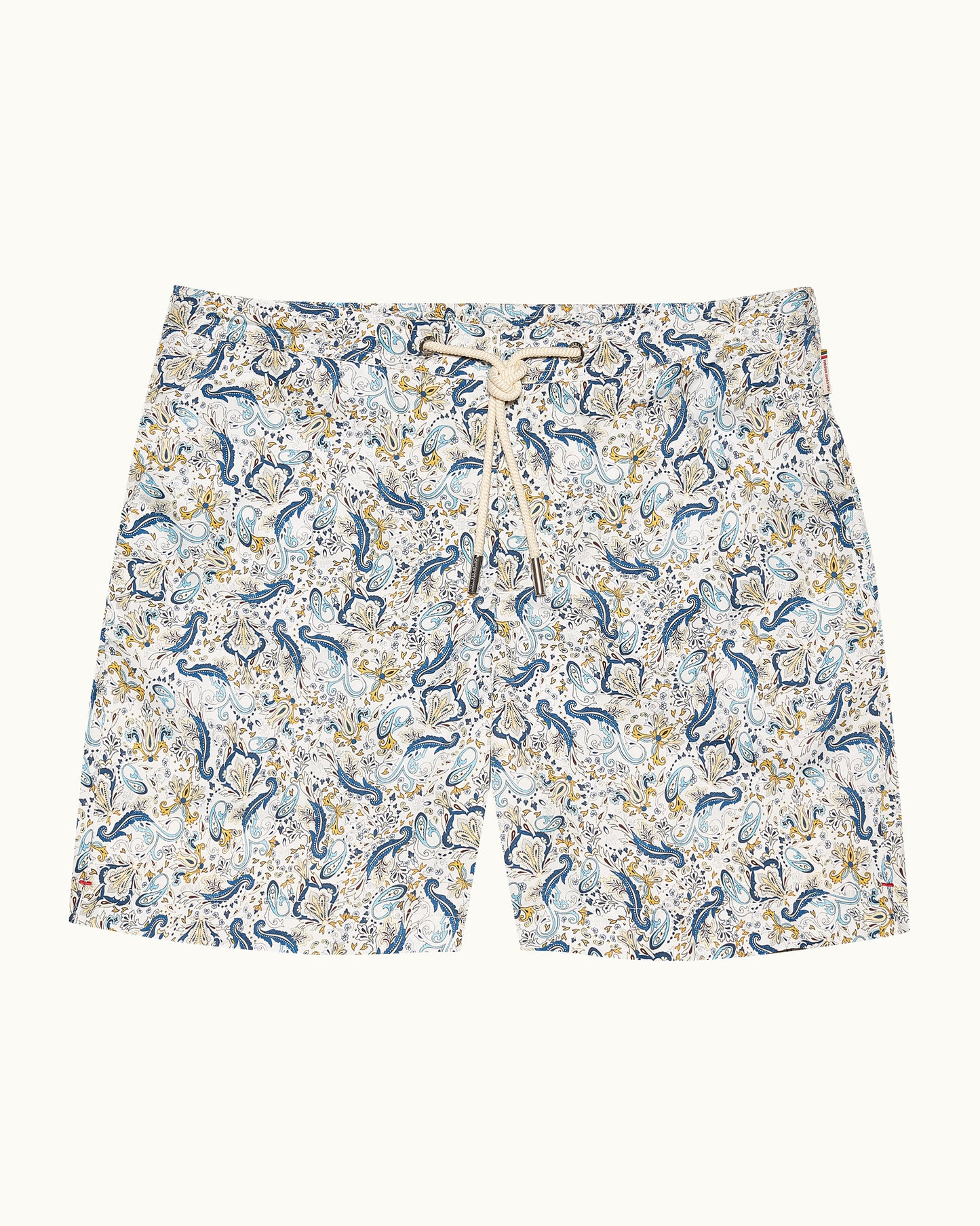Paisley printed blue swim shorts with drawstring waist
