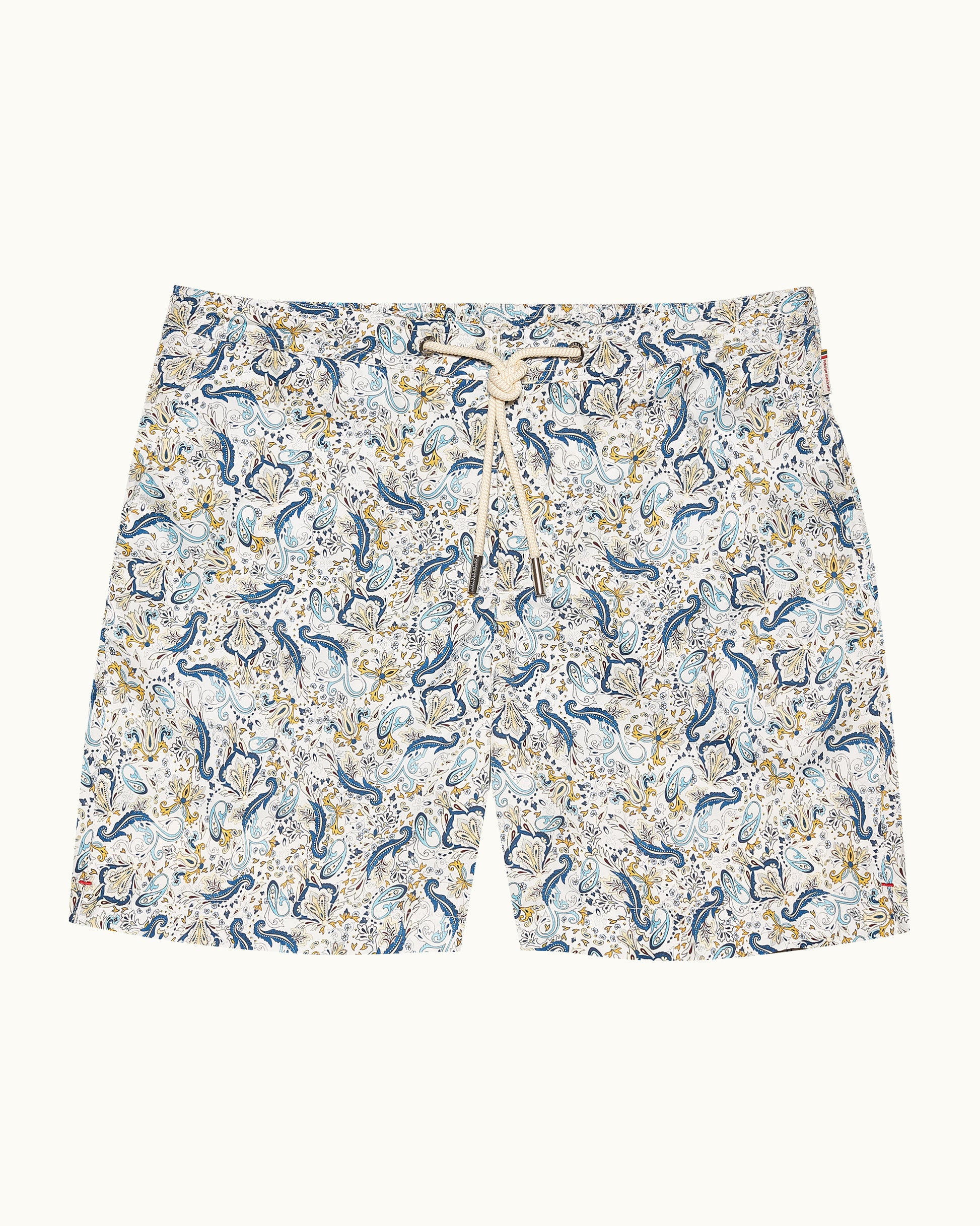 Paisley printed blue swim shorts with drawstring waist