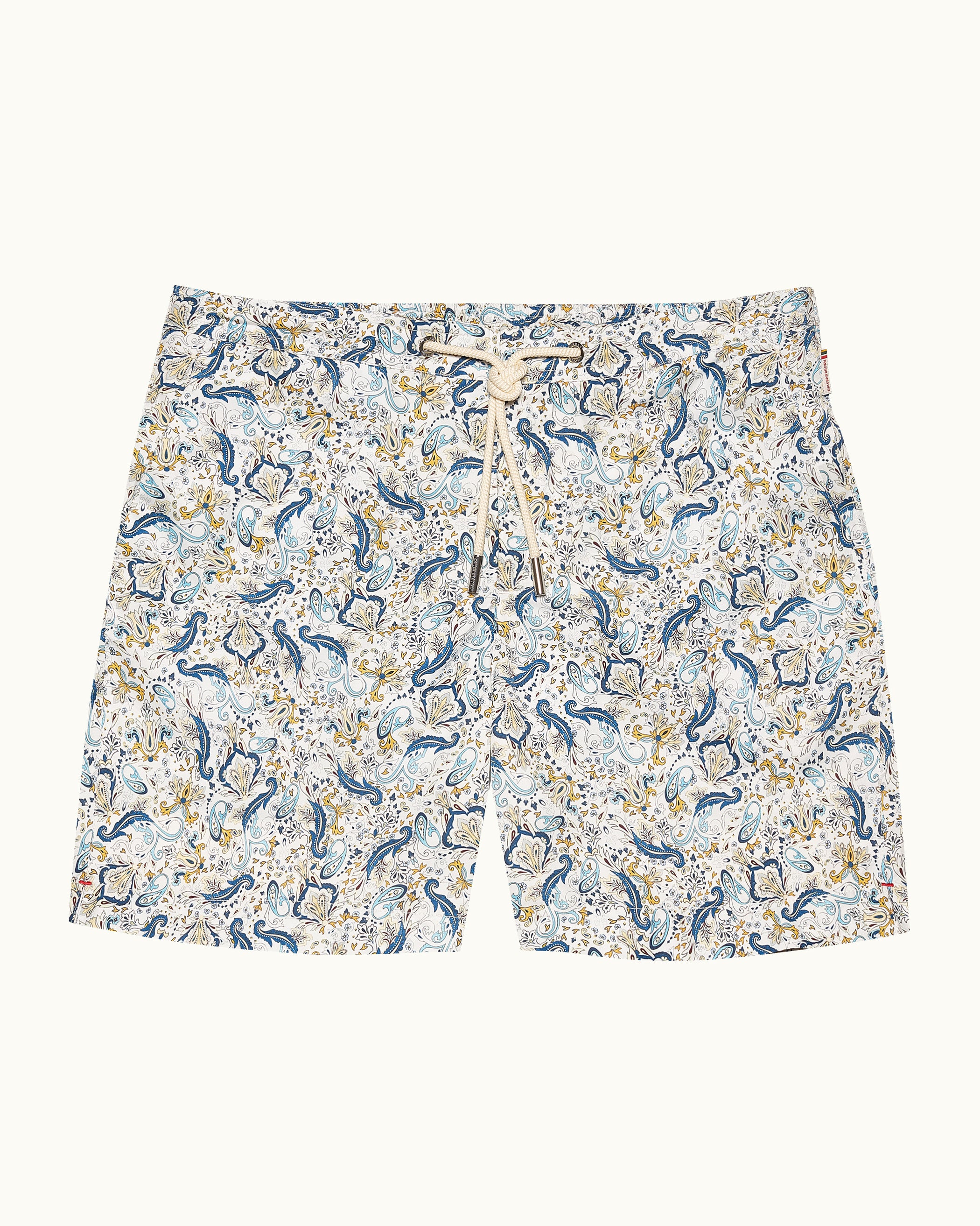 Paisley printed blue swim shorts with drawstring waist