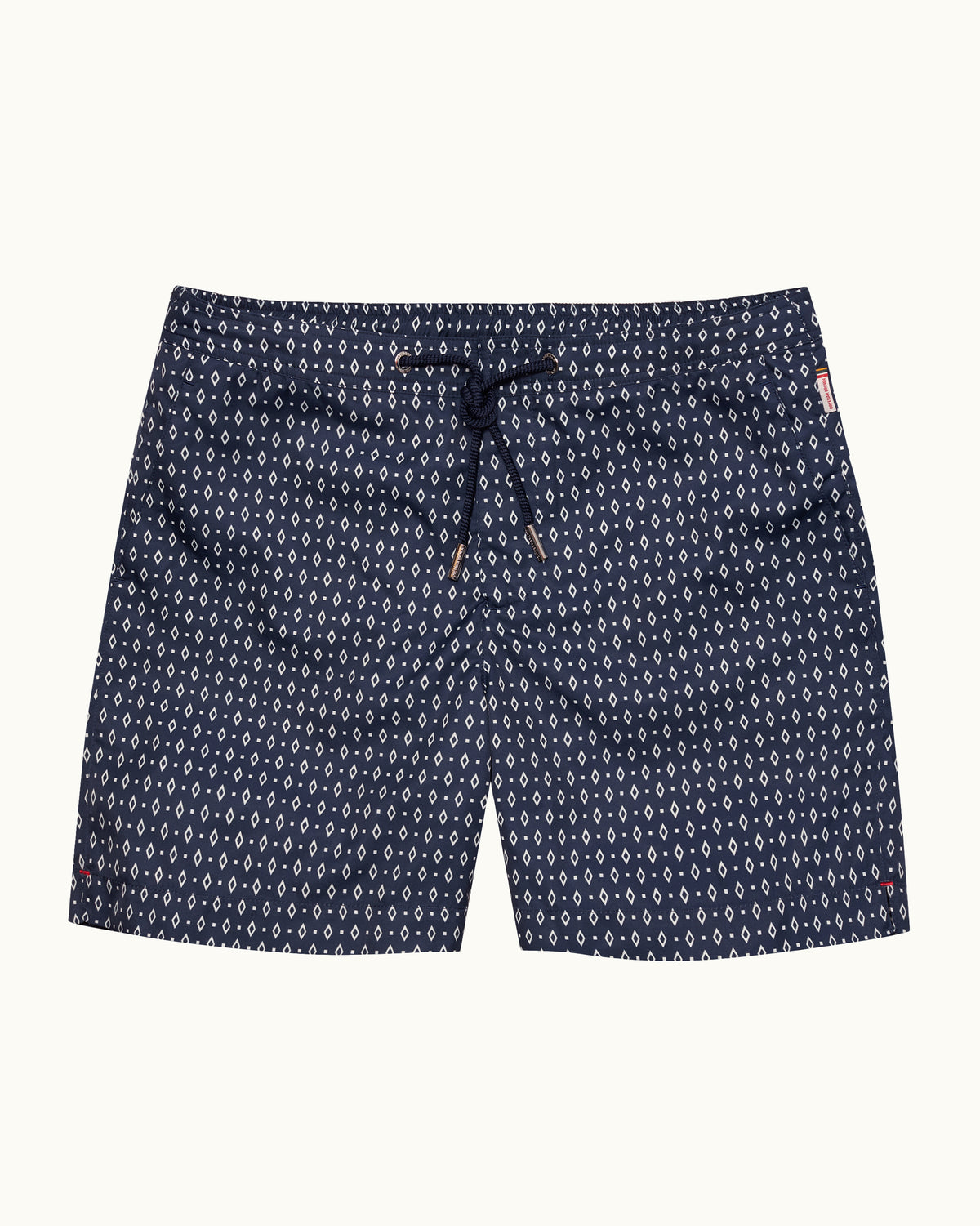 Dark navy patterned drawcord swim shorts on a white background