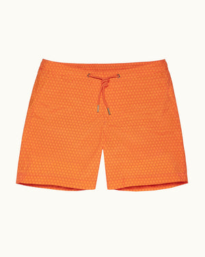 Bulldog Drawcord - Automobili Lamborghini Arancio Apodis Hexagon Print Mid-Length Drawcord Swim Shorts Front