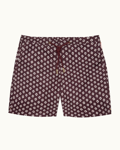 Bulldog Drawcord - Mid-Length Lumina Print Drawcord Swim Shorts in Damson/Latte Front View