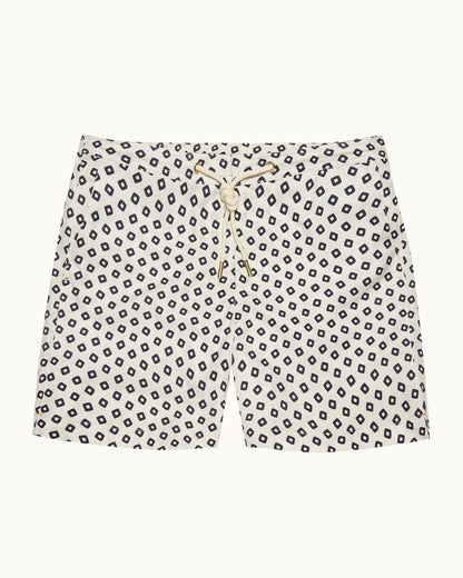 Bulldog Drawcord - Mid-Length Lumina Print Drawcord Swim Shorts in Latte/Night Iris Front View