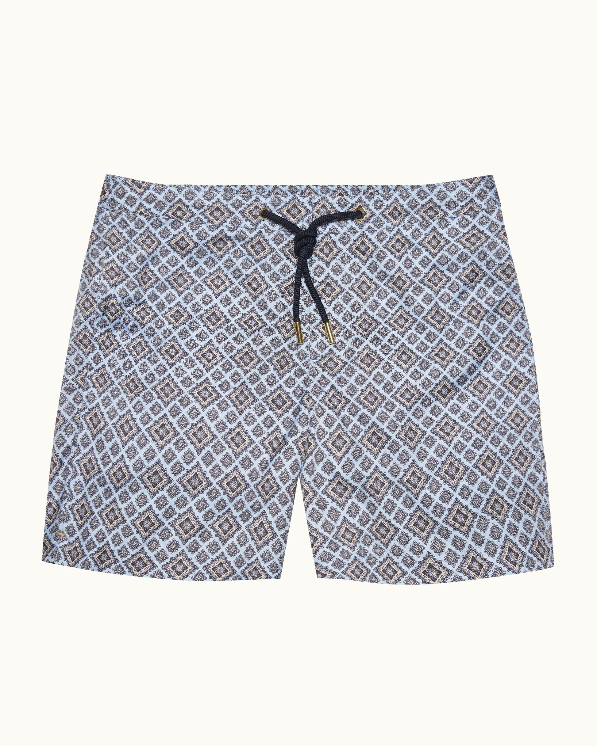 Bulldog Drawcord - Mid-Length Paisley Season Print Drawcord Swim Shorts in Wave Blue Front View
