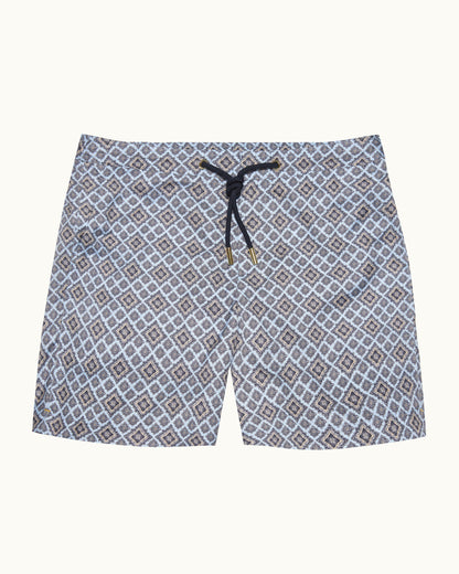 Bulldog Drawcord - Mid-Length Paisley Season Print Drawcord Swim Shorts in Wave Blue Front View