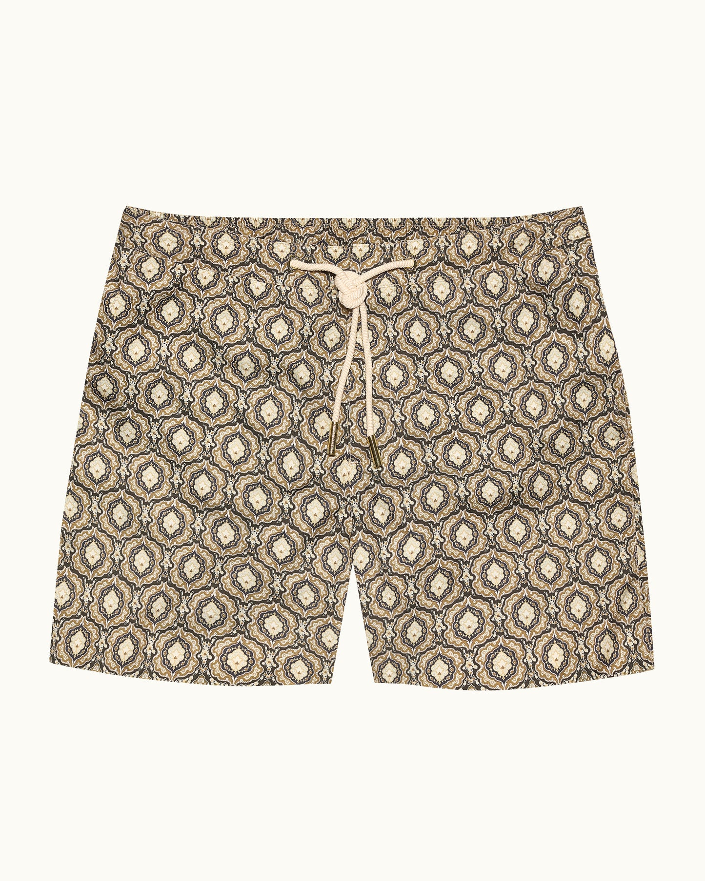 Beige patterned swim shorts on a beige background