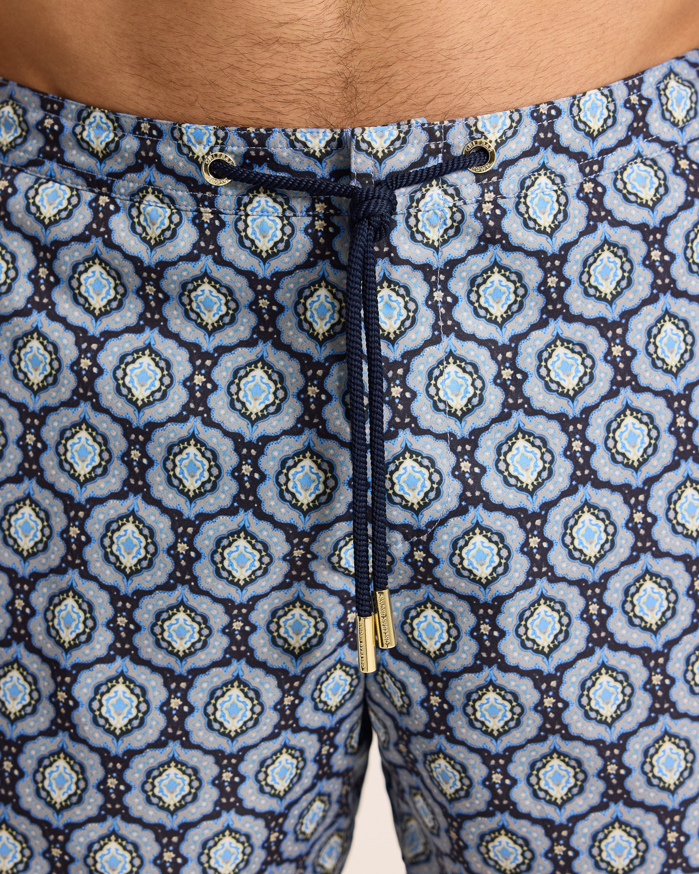 Mens Dark Blue Printed Drawcord Swim Shorts | Orlebar Brown