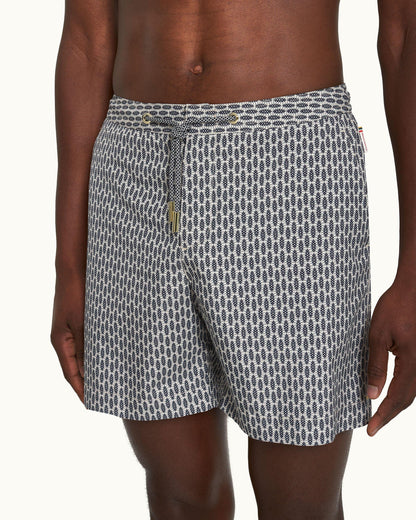 Bulldog Drawcord - Perez Print Mid-Length Drawcord Swim Shorts in Chai colour Detail