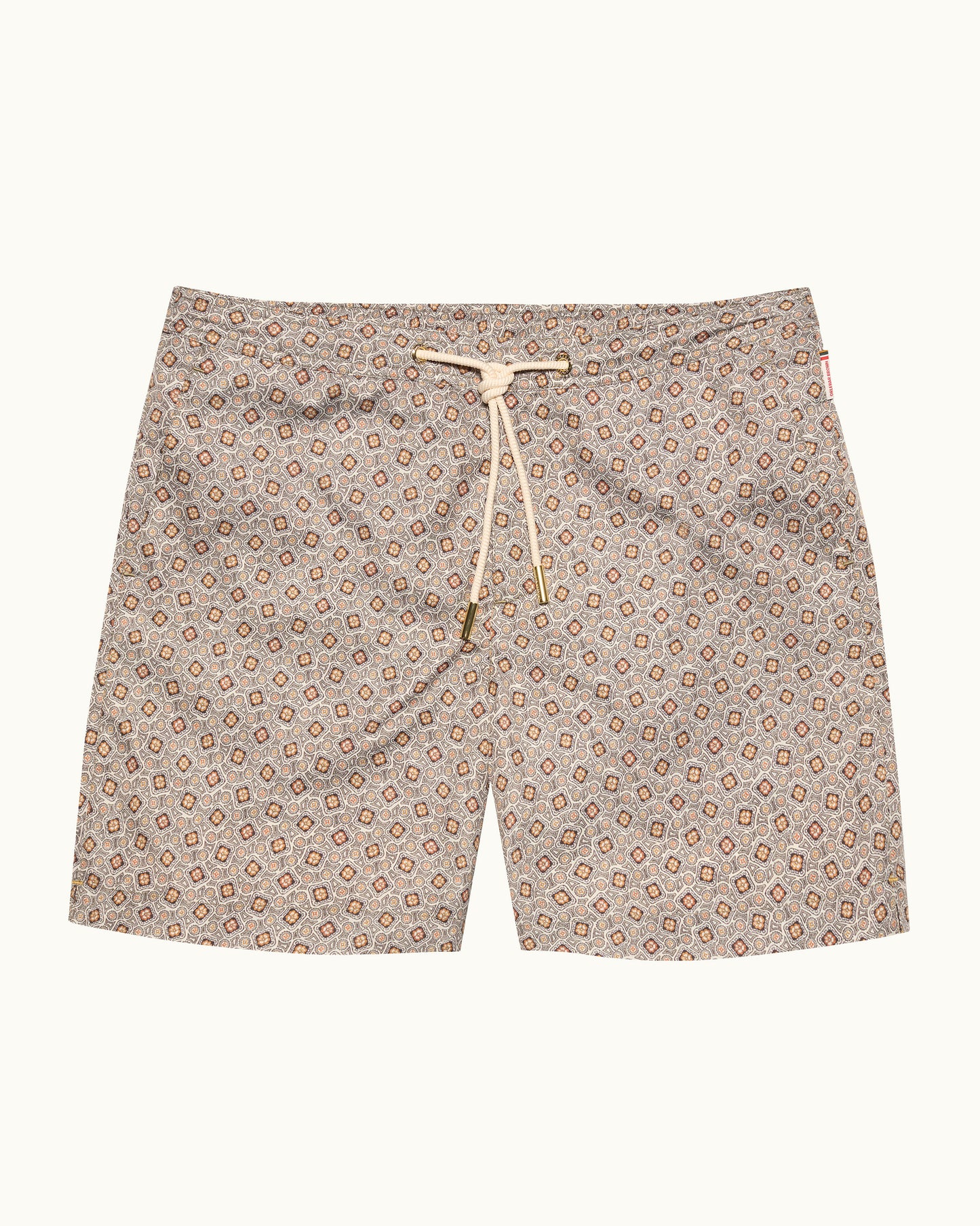 Floral patterned shorts with a drawstring on a white background