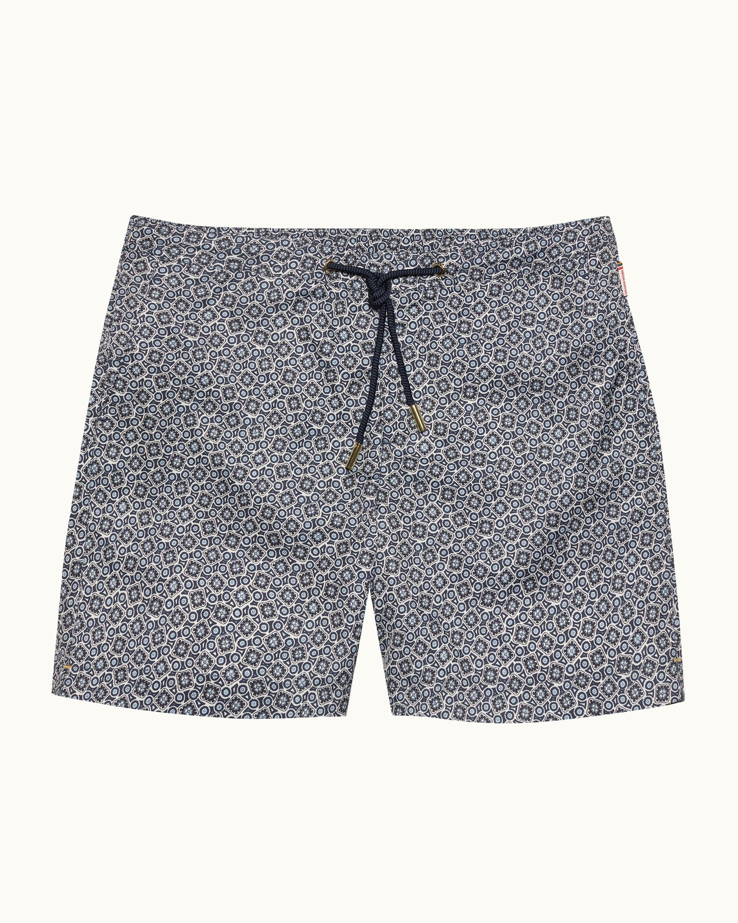 Patterned shorts with a drawstring on a white background