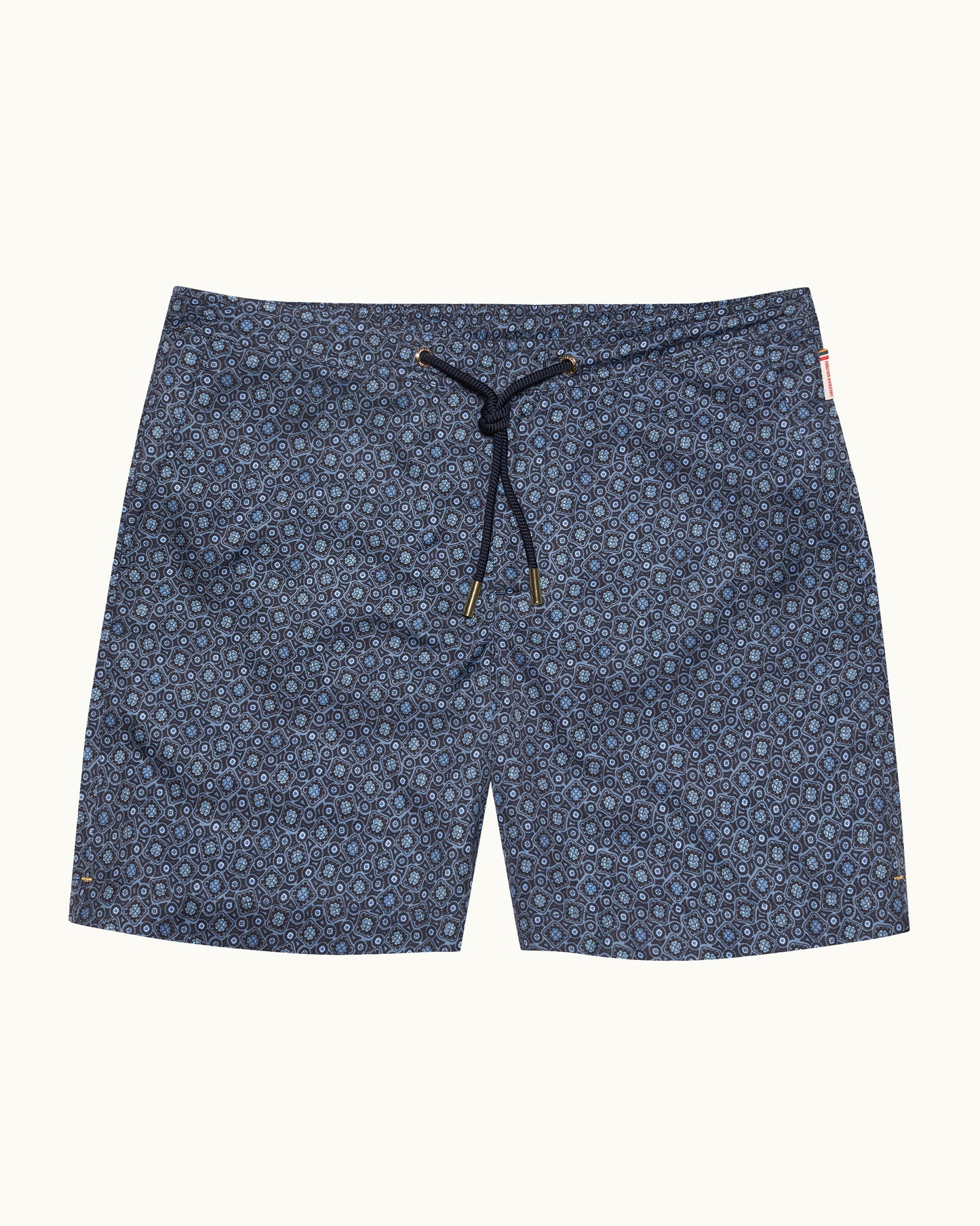 Blue patterned shorts with a drawstring on a white background