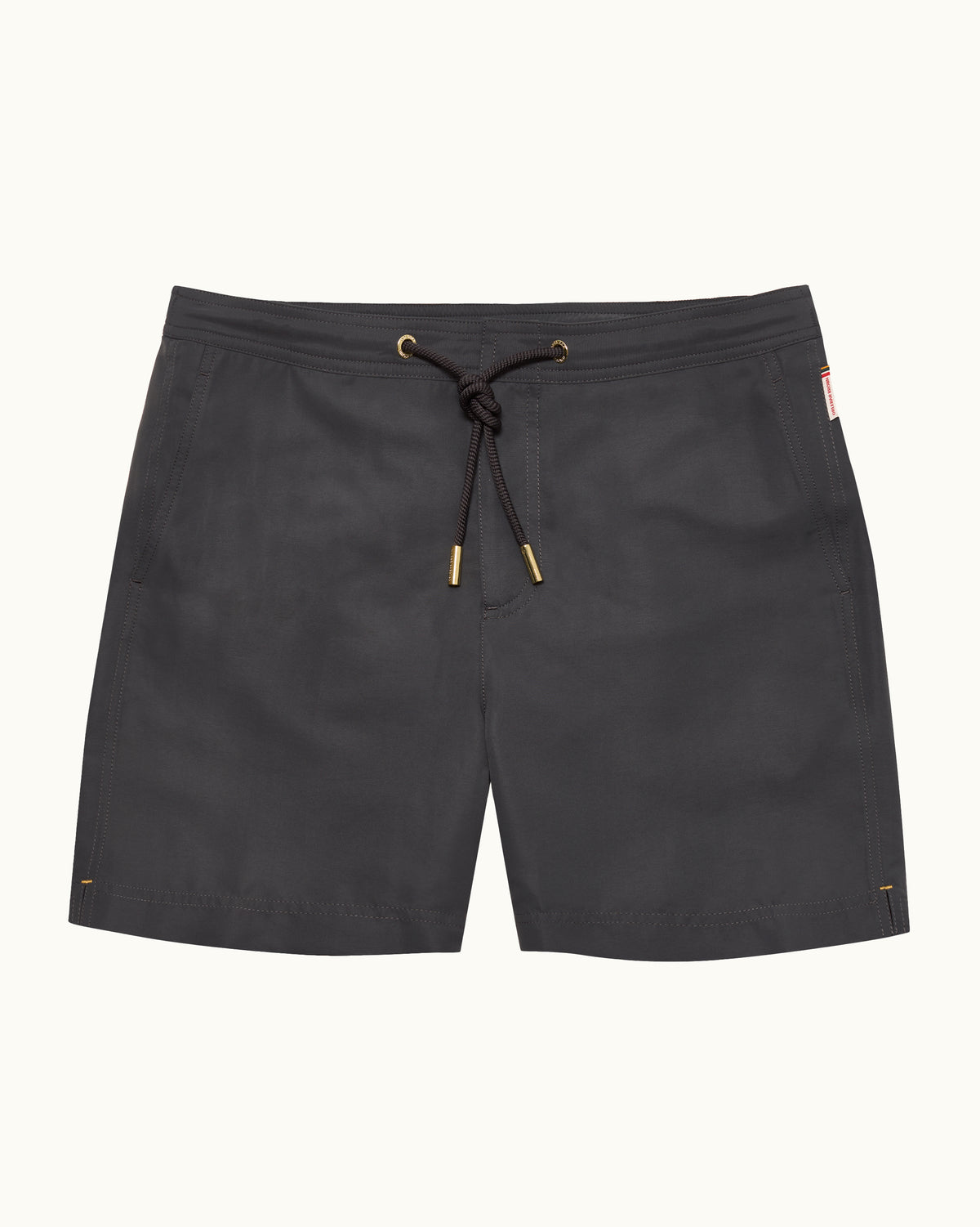 Dark grey swim shorts with drawcord waist on a plain background