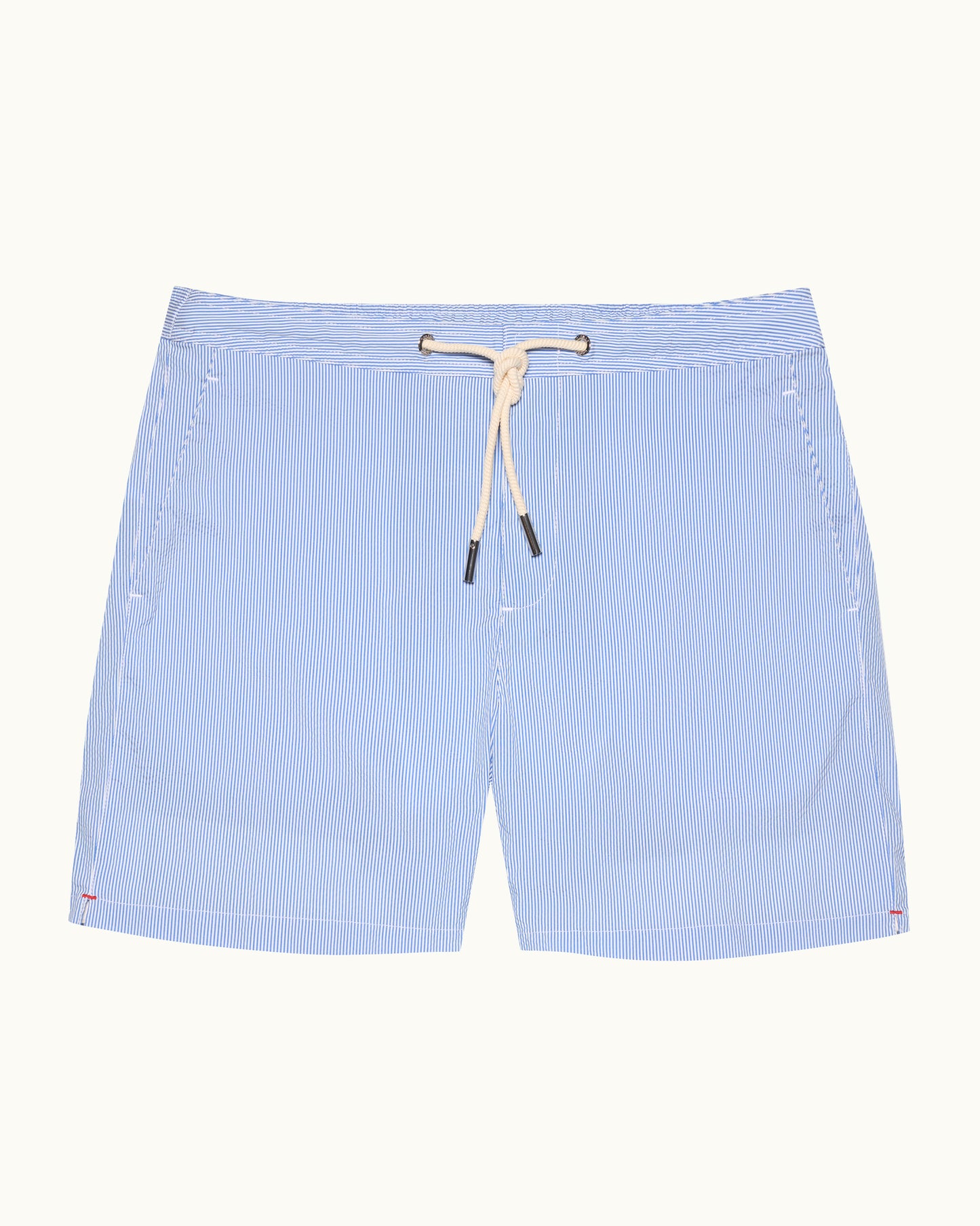Bulldog Drawcord Seersucker - Mid-Length Seersucker Stripe Drawcord Swim Shorts in Catalina Blue/White Stripe Front View